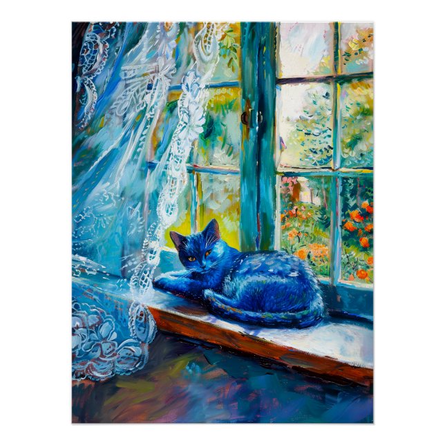 Cat Sleeping on Window Ledge Poster (Vorderseite)