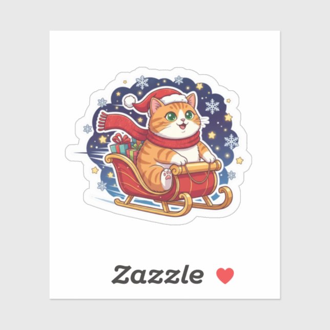Cat Sleigh Ride Cute Christmas Snowy Sky Sticker (Feuille)