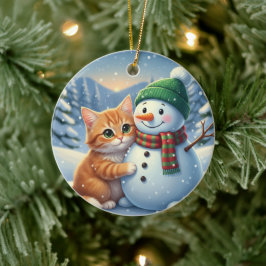 Cat & Snowman Friends Christmas Winter Companion  Keramik Ornament