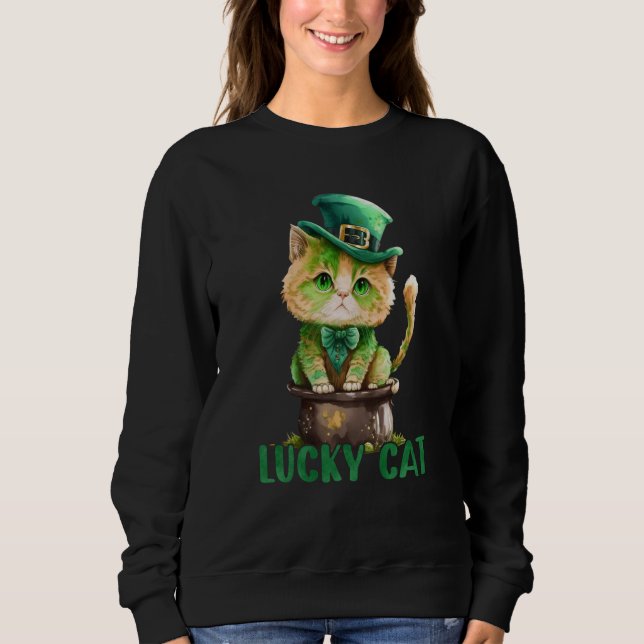 Cat St Patrick Leprechaun Shamrock Irish Lucky Cat Sweatshirt (Vorderseite)