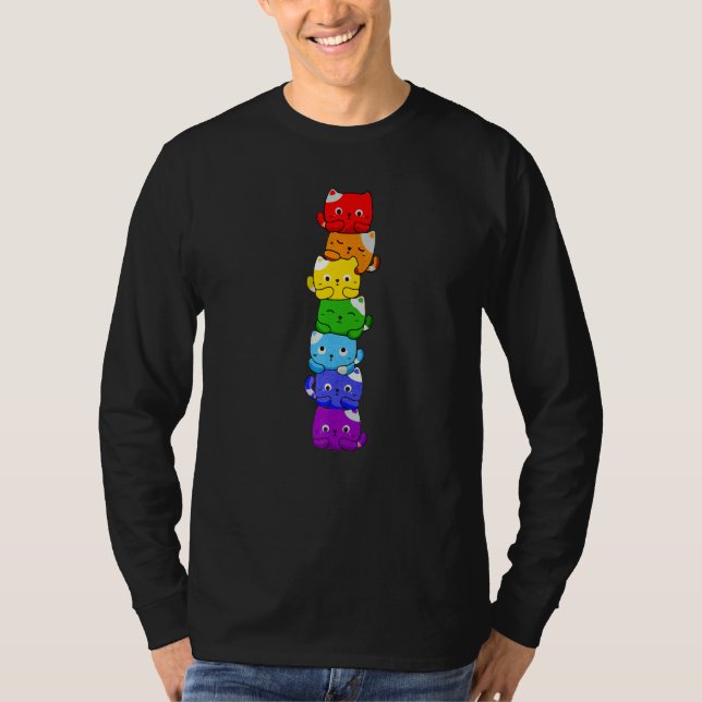 Cat Stack Rainbow Gay Pride Cute LGBT Animal Pet T-Shirt (Vorderseite)