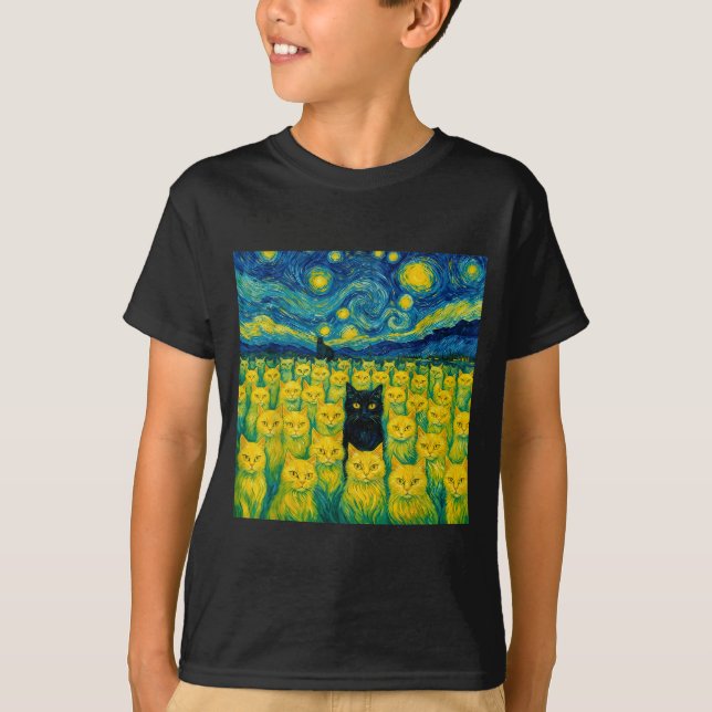 Cat Starry Night Van Gogh Cat For Cat Lover  T-Shirt (Vorderseite)