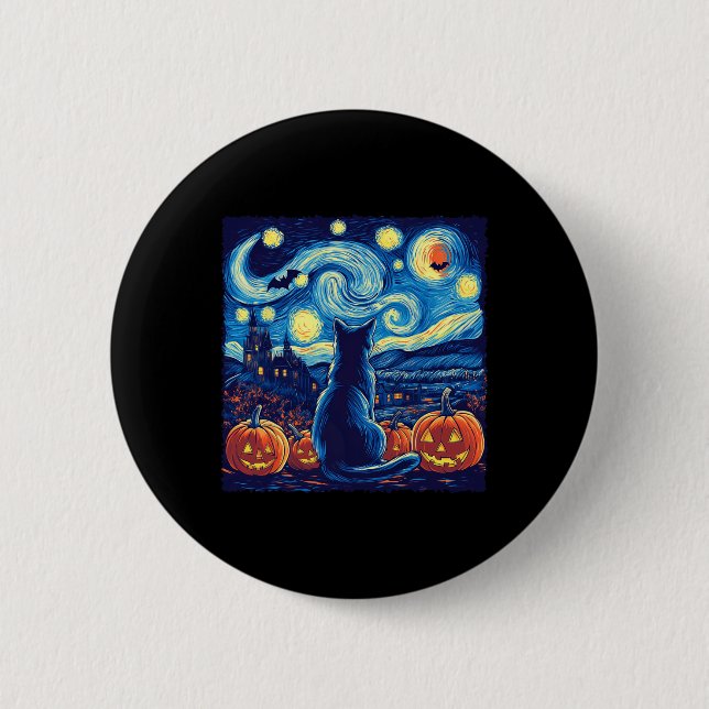 Cat Starry Night Van Gogh Cat Lovers Bats Pumpkins Button (Vorderseite)