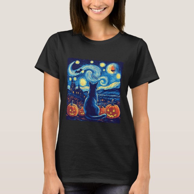 Cat Starry Night Van Gogh Cat Lovers Bats Pumpkins T-Shirt (Vorderseite)