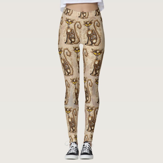 Cat Steampunk Vintag Retro Style Machine Leggings (Vorderseite)