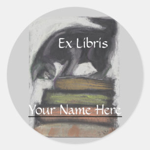 Cat Stehend on Stack of Books - Originale Kunst Runder Aufkleber