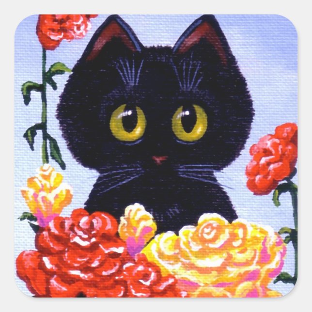 Cat Stickers Niedlich Black Rose Blume Creationart (Vorderseite)