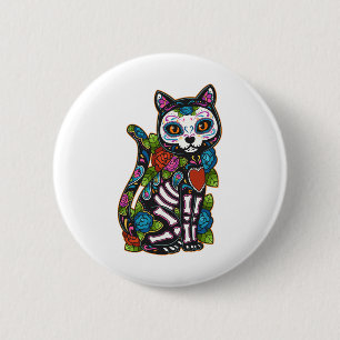 Cat Sugar Skull Mexico Calavera Dia De Los Muertos Button