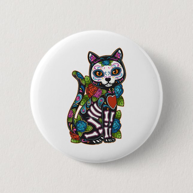 Cat Sugar Skull Mexico Calavera Dia De Los Muertos Button (Vorderseite)