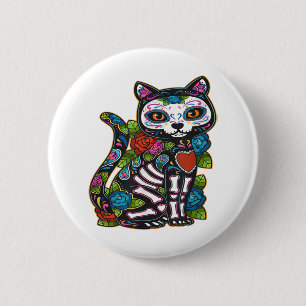 Cat Sugar Skull Mexico Calavera Dia De Los Muertos Button