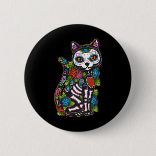 Cat Sugar Skull Mexico Calavera Dia De Los Muertos Button