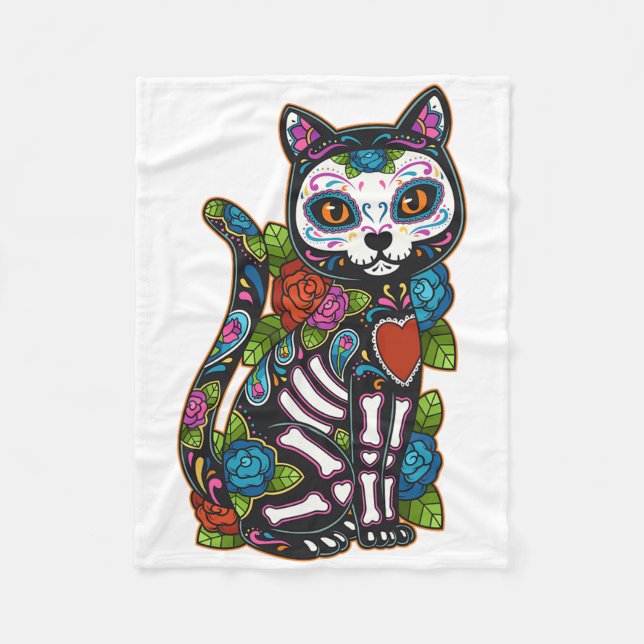 Cat Sugar Skull Mexico Calavera Dia De Los Muertos Fleecedecke (Vorderseite)