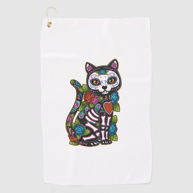 Cat Sugar Skull Mexico Calavera Dia De Los Muertos Golfhandtuch (Vorderseite)