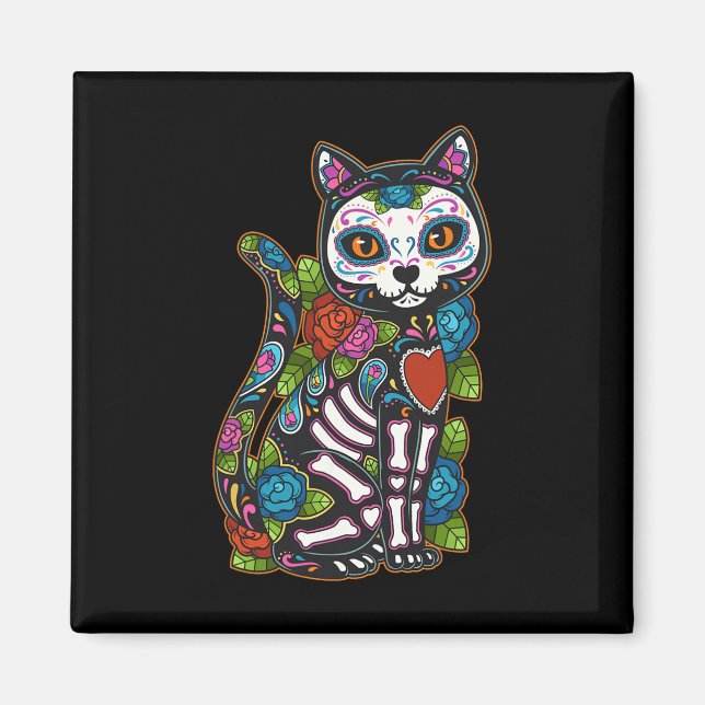Cat Sugar Skull Mexico Calavera Dia De Los Muertos Magnet (Vorne)