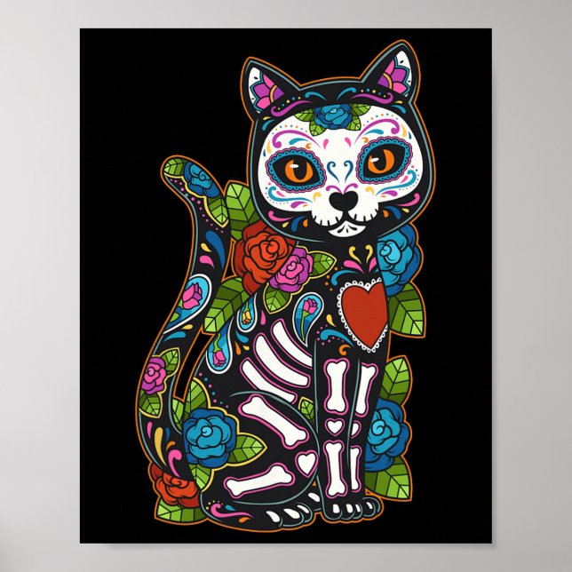 Cat Sugar Skull Mexico Calavera Dia De Los Muertos Poster (Vorne)