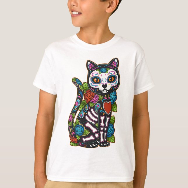 Cat Sugar Skull Mexico Calavera Dia De Los Muertos T-Shirt (Vorderseite)