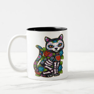 Cat Sugar Skull Mexico Calavera Dia De Los Muertos Zweifarbige Tasse