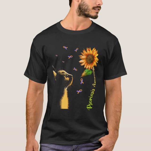 Cat Sunflower Psoriasis Awareness T-Shirt (Vorderseite)