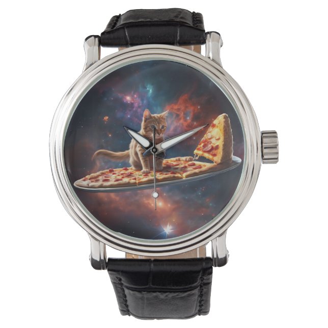 Cat surfen eine Pizza im Kosmos Armbanduhr (Vorderseite)