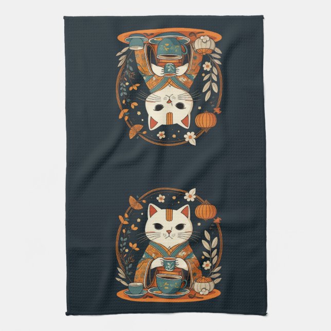 Cat Tea Time Japanisch Geschirrtuch (Vertikal)