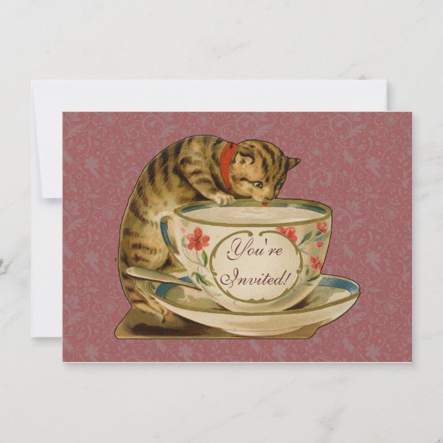 Cat Teacup Niedlich Vintag Viktorianisch Einladung (Vorderseite)