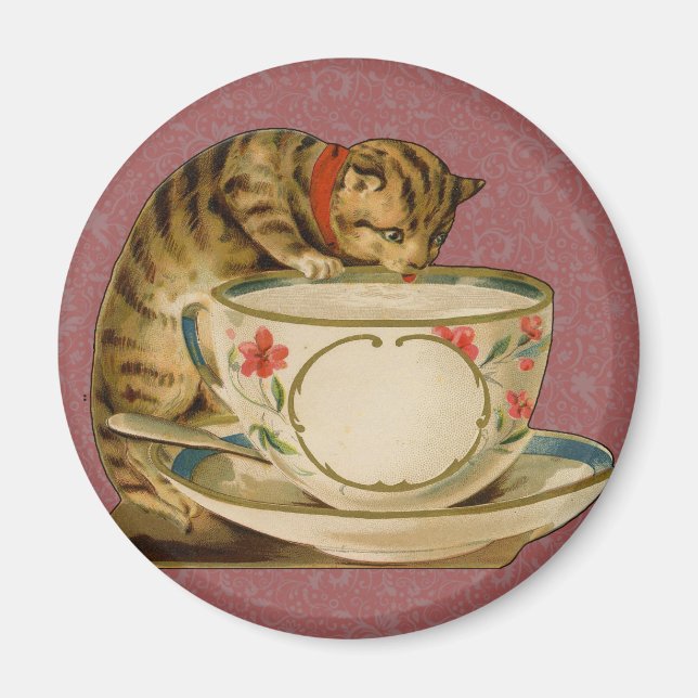 Cat Teacup Niedlich Vintag Viktorianisch Magnet (Vorne)
