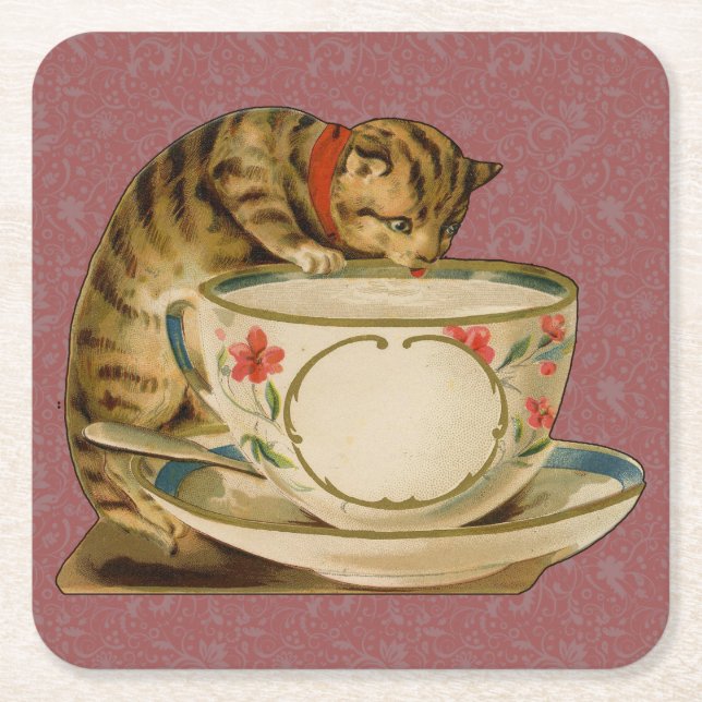 Cat Teacup Niedlich Vintag Viktorianisch Rechteckiger Pappuntersetzer (Vorderseite)
