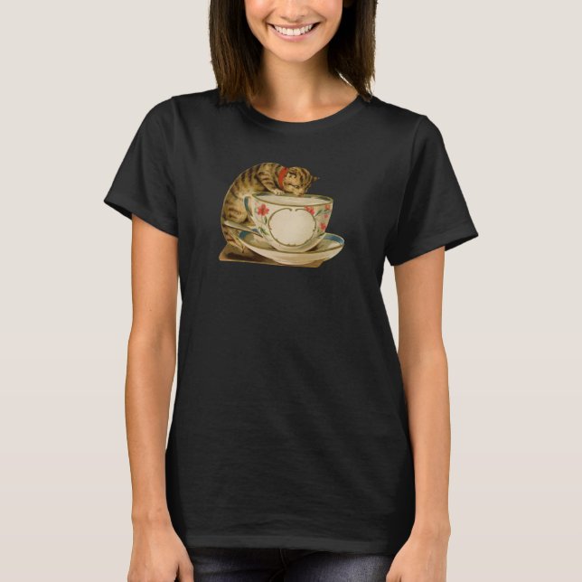 Cat Teacup Niedlich Vintag Viktorianisch T-Shirt (Vorderseite)