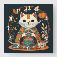 Cat Tee Time Japanisch Square Wall Uhr