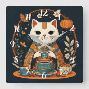 Cat Tee Time Japanisch Square Wall Uhr