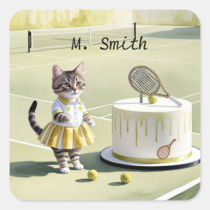 Cat Tennis Player auf dem Platz mit Geburtstagskuc Quadratischer Aufkleber
