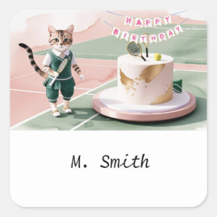 Cat Tennis Player auf dem Platz mit Geburtstagskuc Quadratischer Aufkleber