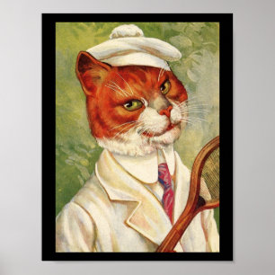 Cat Tennis Player Vintage Kunst Poster