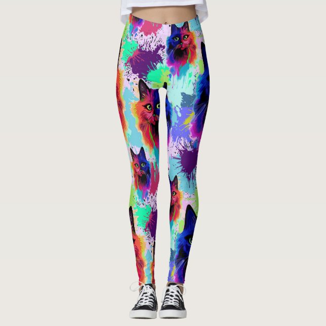 Cat Trippy Psychedelic Pop Art Leggings (Vorderseite)