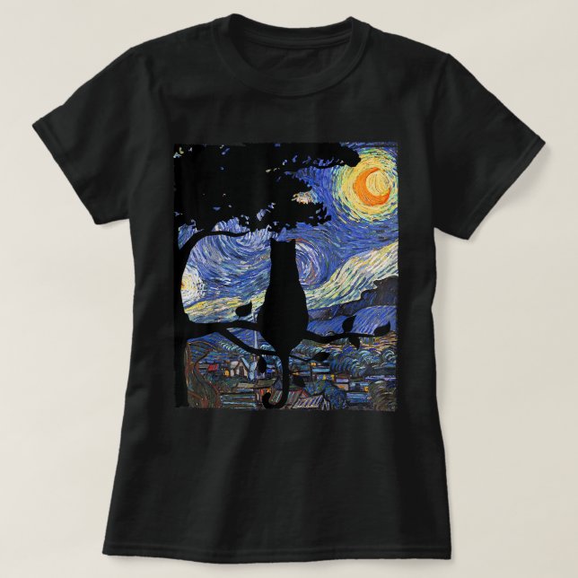 Cat Tshirt, Starry Night Cat Tee, Van Gogh Cat Gif T-Shirt (Design vorne)