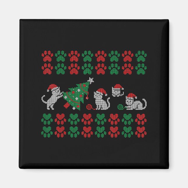 Cat Ugly Sweater Pattern Christmas Knitting  Magnet (Vorne)