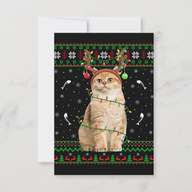 Cat Ugly Xmas Sweater Lighting Santa Cat Weihnacht Dankeskarte (Vorderseite)