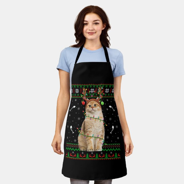 Cat Ugly Xmas Sweater Lighting Santa Cat Weihnacht Schürze (Getragen)