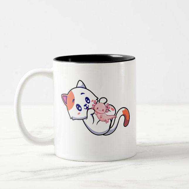 Cat und Axolotl Kawaii Neko Anime Zweifarbige Tasse (Links)