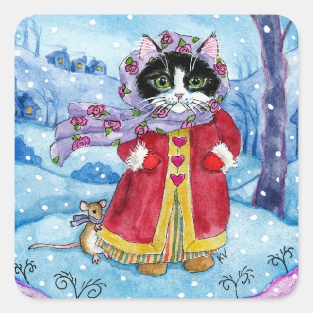 Cat und Maus Wintervalentinkleber Quadratischer Aufkleber (Vorderseite)