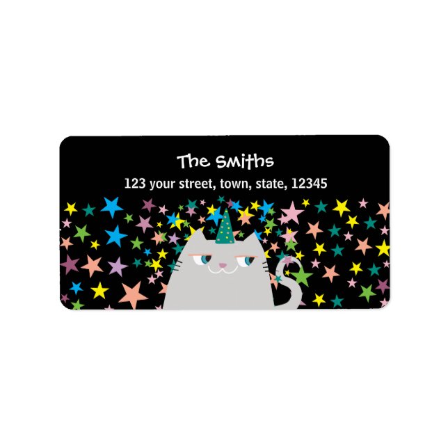 Cat Unicorn Farbenfrohe Sterne Schwarze Rücksendea Adressaufkleber (Vorne)
