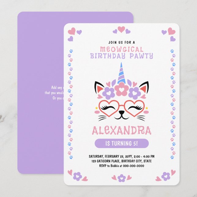 Cat Unicorn Lila Pink Blue Birthday Party Einladung (Vorne/Hinten)