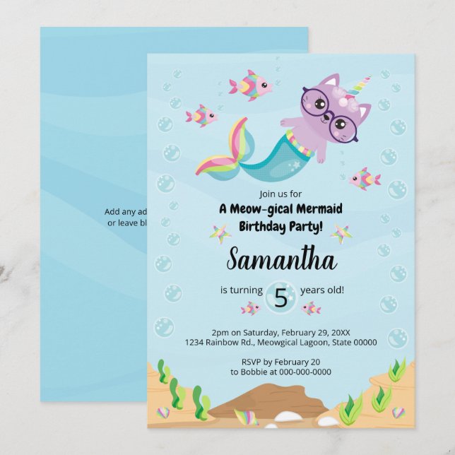 Cat Unicorn Mermaid Under Sea Birthday Party Einladung (Vorne/Hinten)