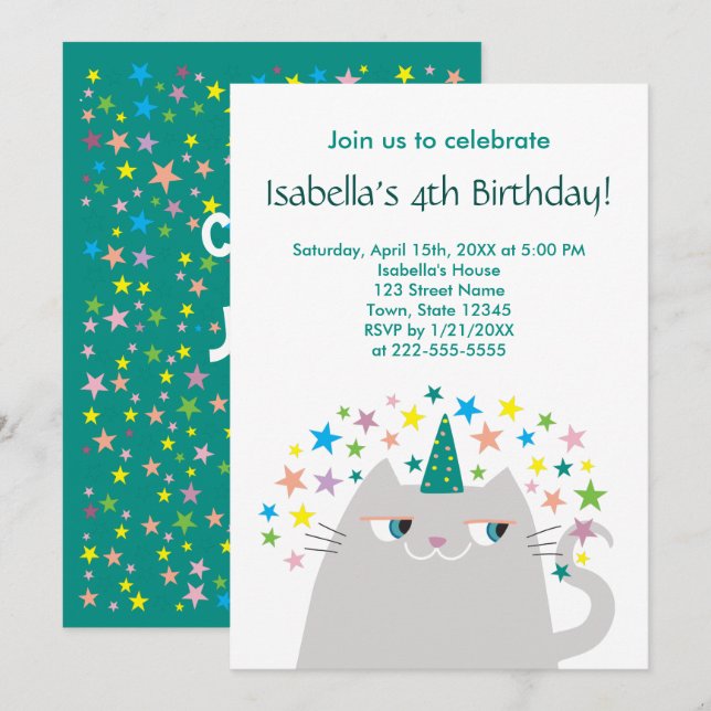 Cat Unicorn Niedlich Girl's Birthday Einladung (Vorne/Hinten)