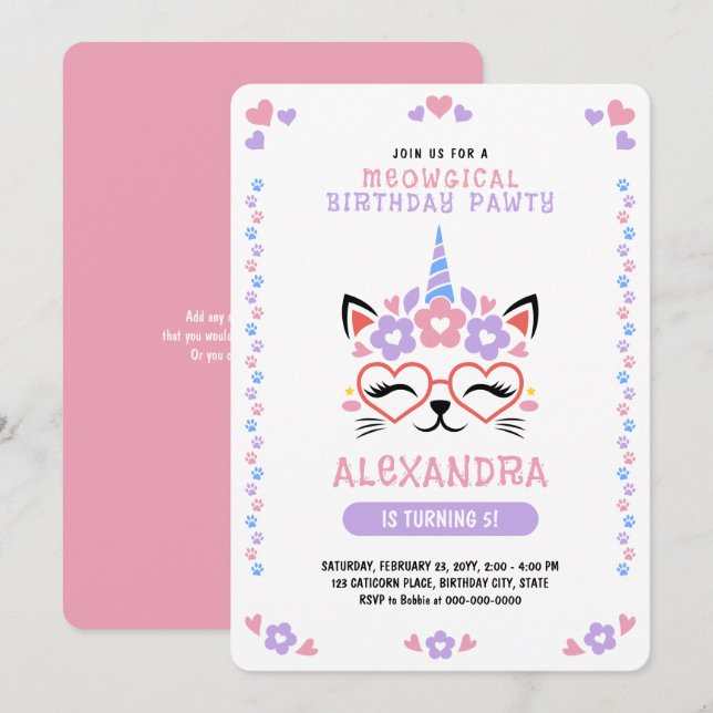 Cat Unicorn Pink Lila Blue Birthday Party Einladung (Vorne/Hinten)