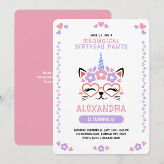 Cat Unicorn Pink Lila Blue Birthday Party Einladung