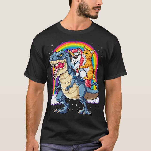 Cat Unicorn Riding Dinosaur T rex Kitten Lover T-Shirt (Vorderseite)
