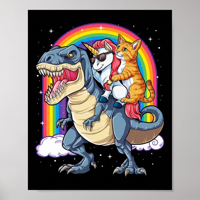 Cat Unicorn Riding Dinosaur T Rex Kitten Lover Wel Poster (Vorne)