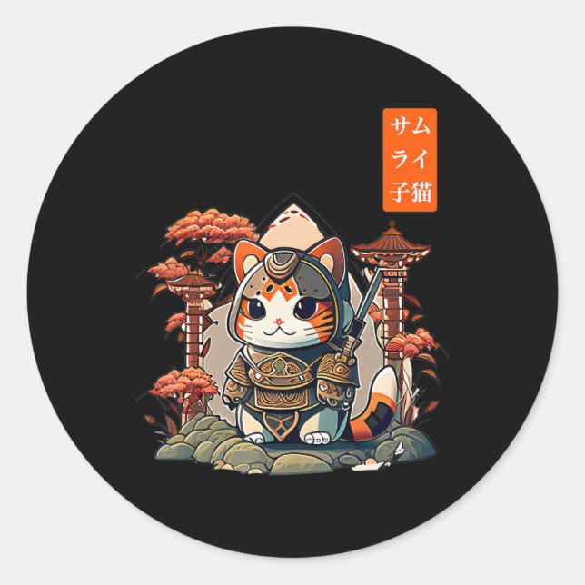 Cat Warrior Japanisch Schriftkunst für Kawaii Runder Aufkleber (Vorderseite)
