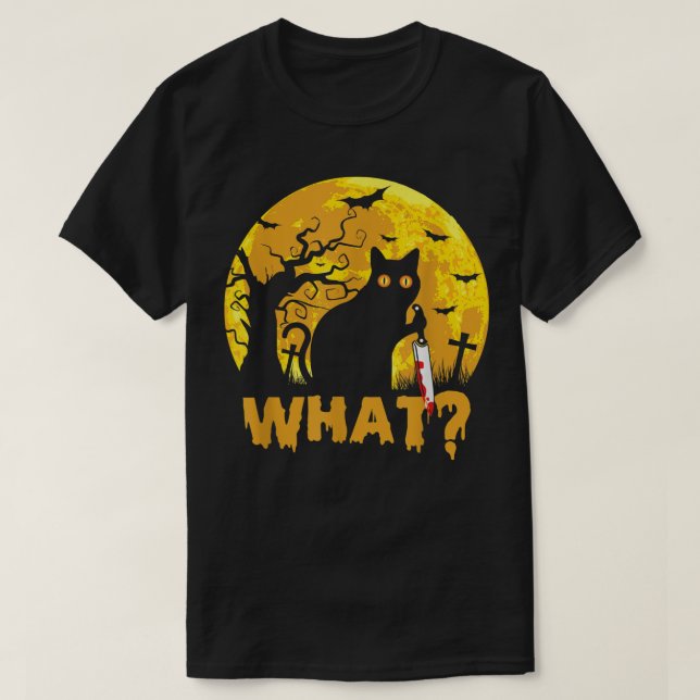 CAT WAS Murderous Black Cat mit Knife Halloween T-Shirt (Design vorne)